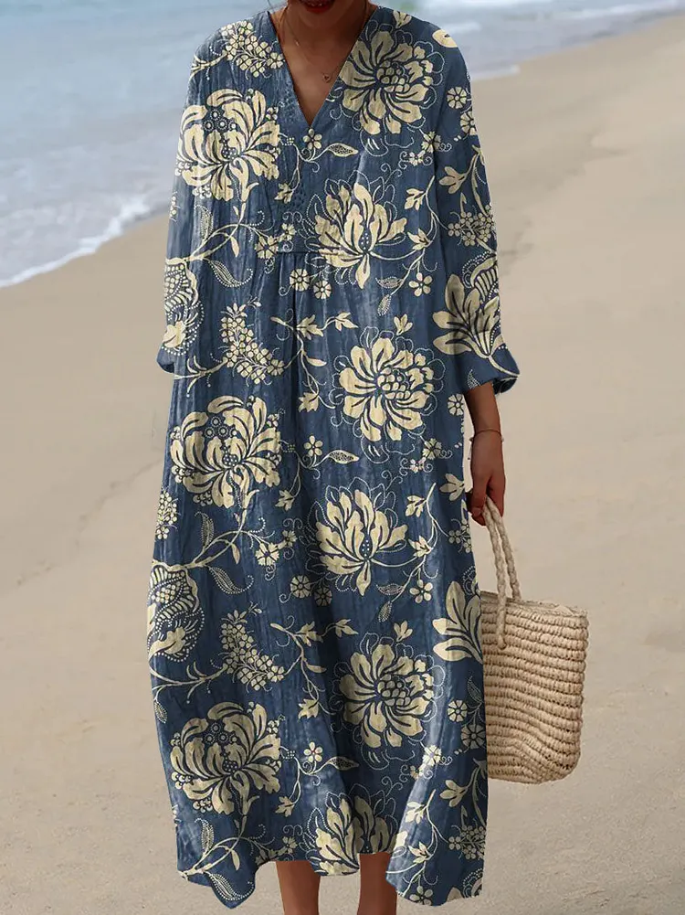 Women's Vintage Floral Art Print Cotton Dress