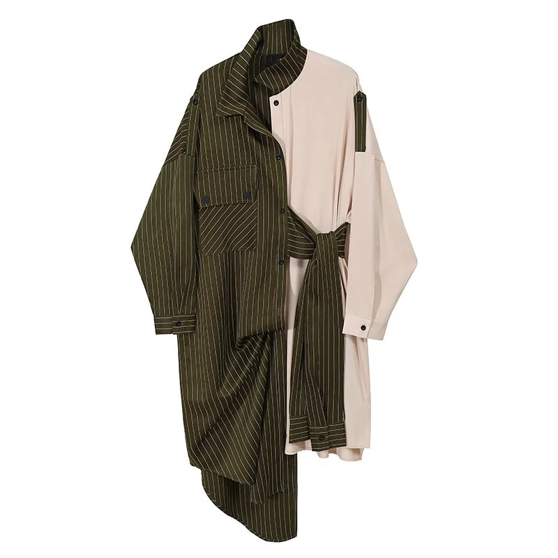 [EAM] Women Green Striped Split Big Size  Dress New Lape Long Sleeve Loose Fit Fashion Tide Spring Autumn 2021 1DD0108