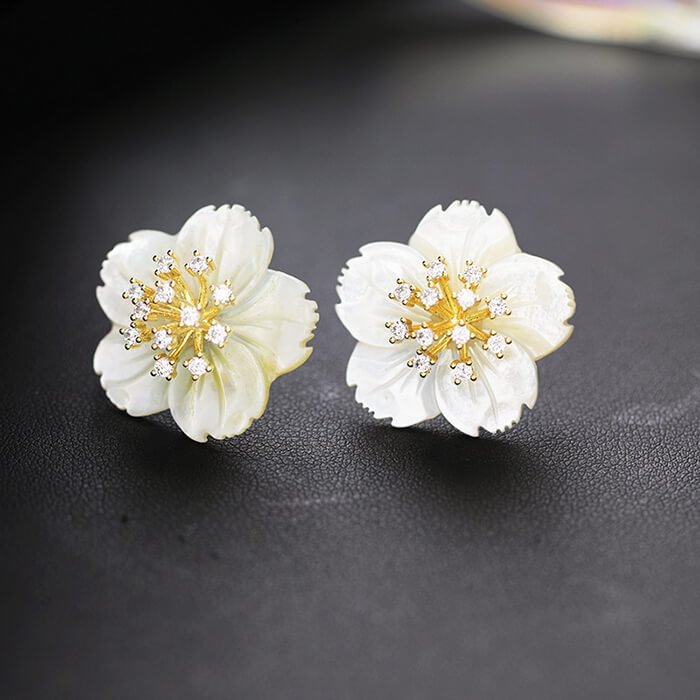 925 Silver Shell Flower Stud Earrings with CZ Stones