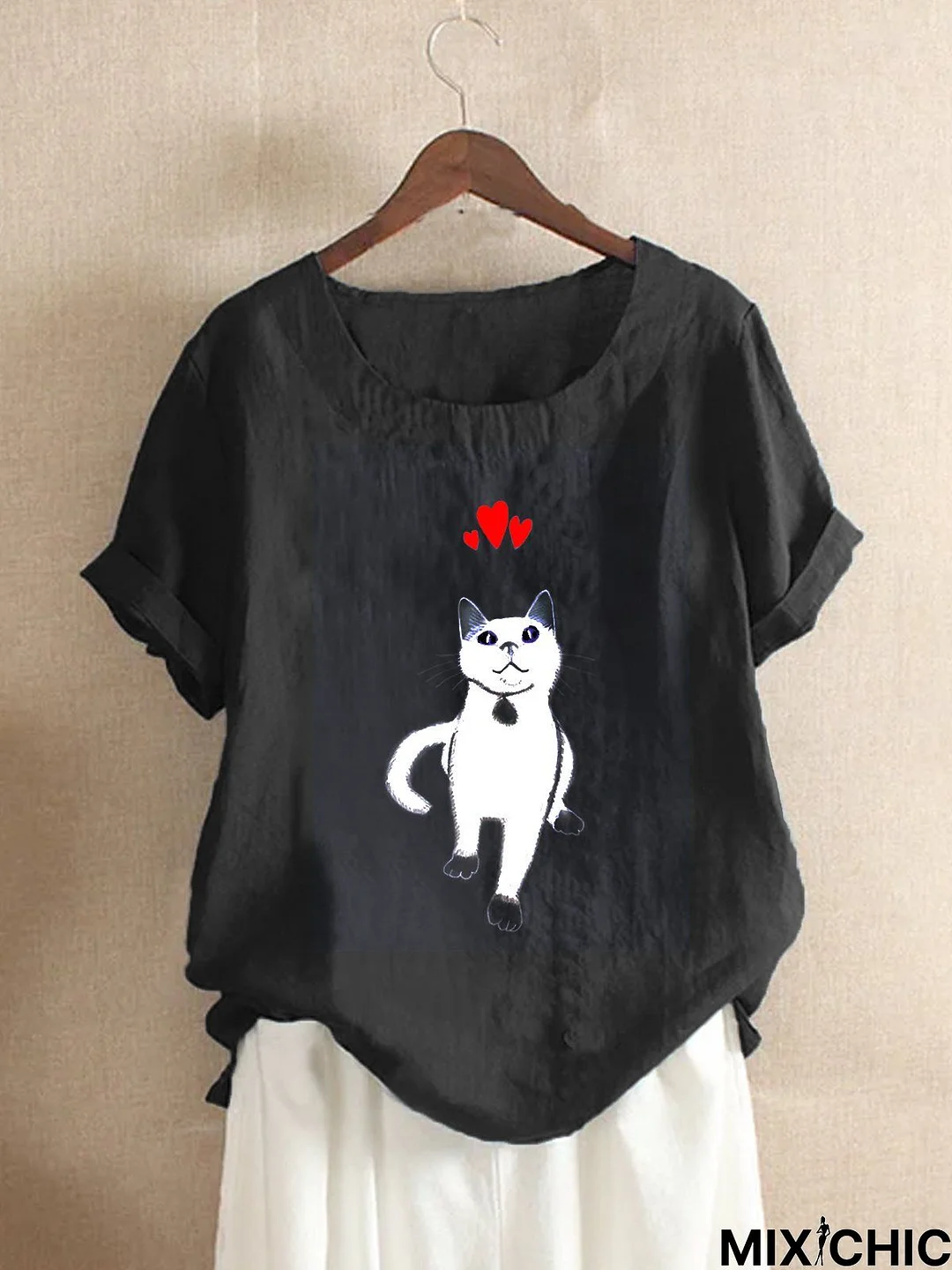 Casual Cotton Short Sleeve Cat Tops