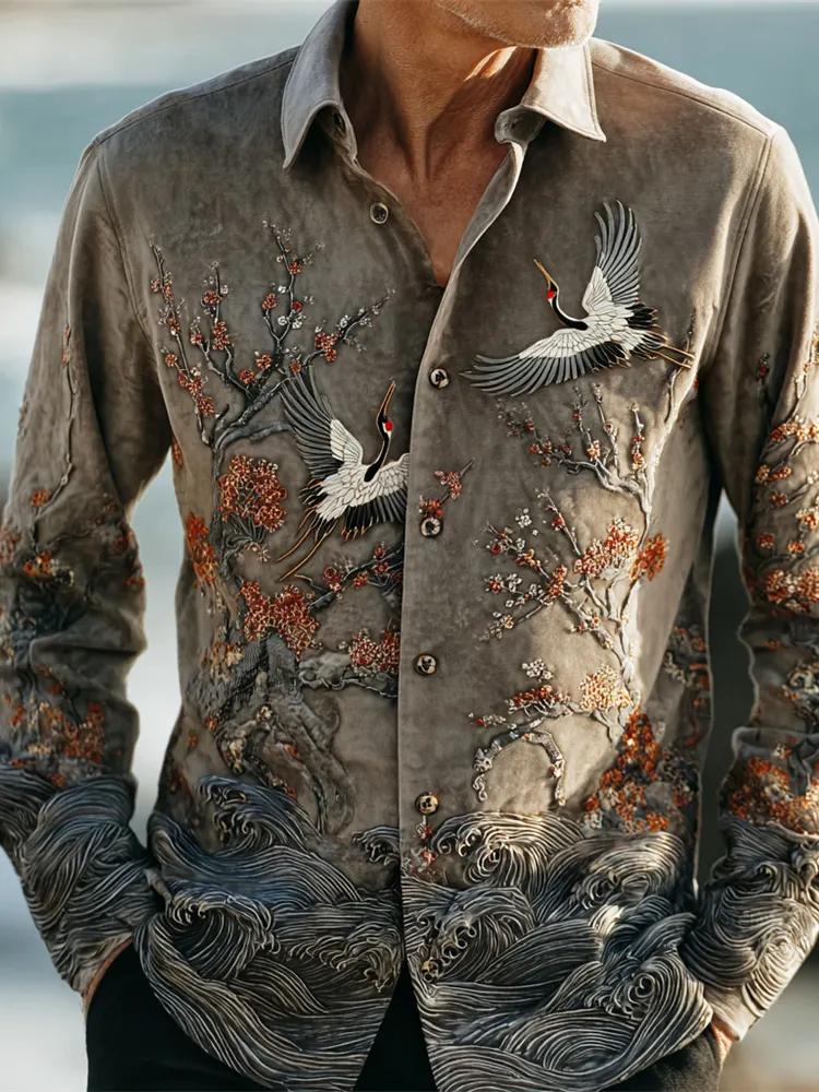 Vintage Japanese Floral Embroidery Men's Linen Long Sleeve Shirt