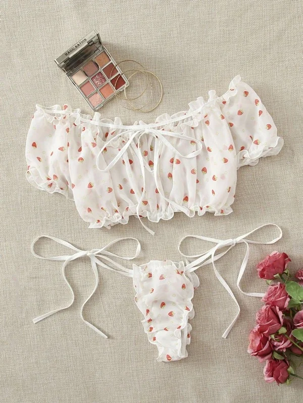 Brownm Sex Lingerie Sexy Women's Side-Swear Tective Yarn Printed Lingerie Set