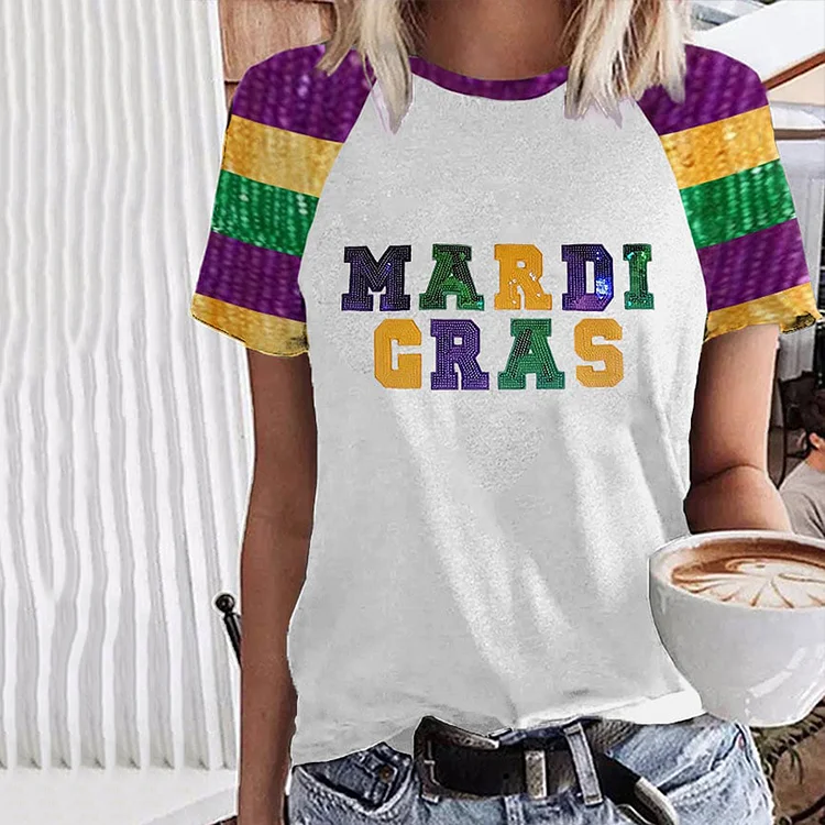 VChics Women's Mardi Gras Color Block Sequin Print T-Shirt