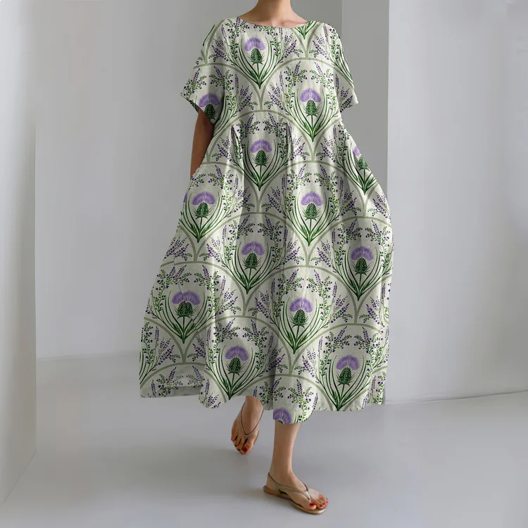Scotland Thistle Print Crew Neck Short Sleeve Midi Dress