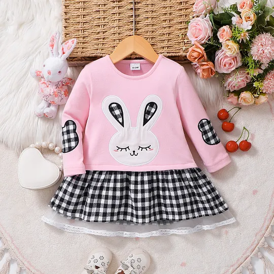 【18M-6Y】Girls Pink Plaid Rabbit Splicing Dress