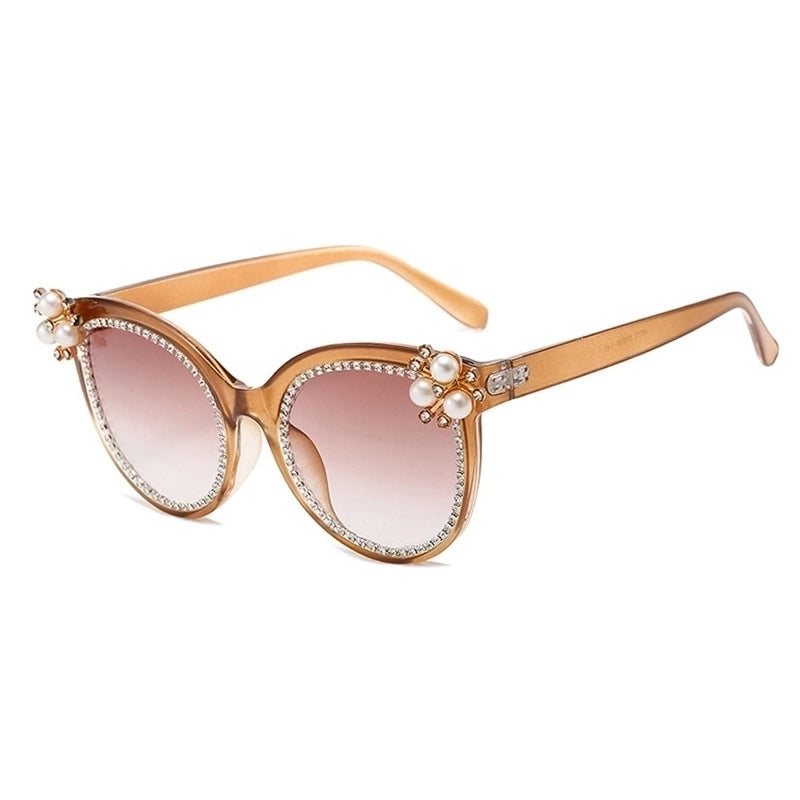 Elegant Color Block Pc Cat Eye Inlaid Pearls Inlaid Zircon Full Frame Women’s Sunglasses