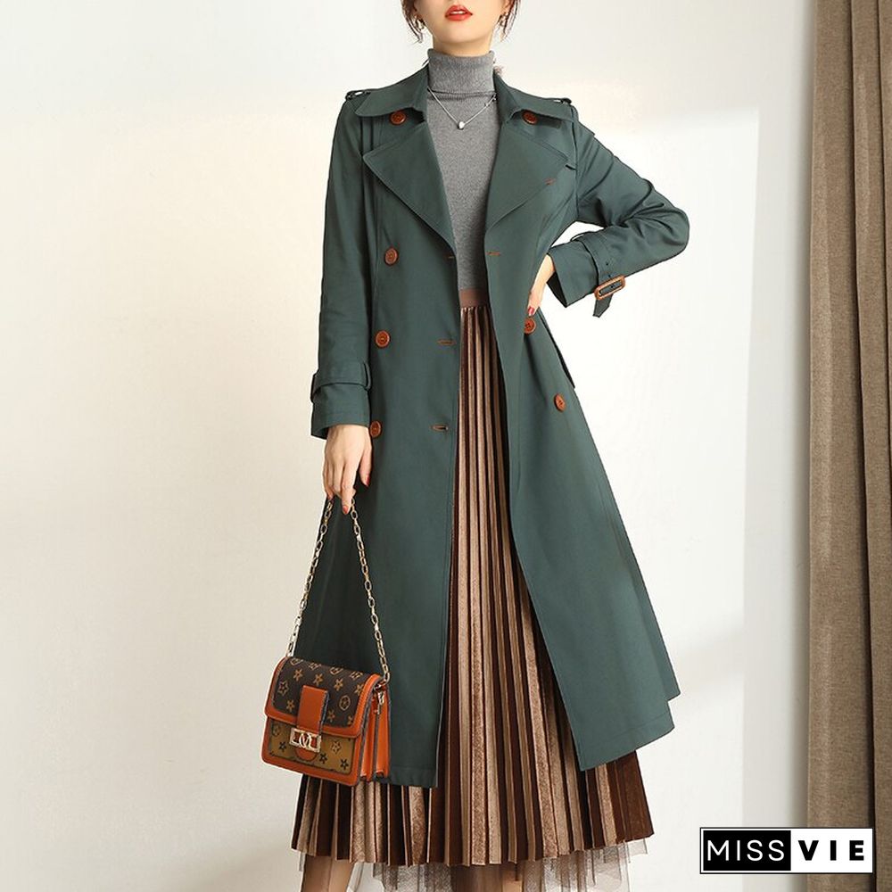 Dark Green Windbreaker Women's Long Spring and Autumn New British Style Temperament Drape High-end Coat Trench Coat for Women