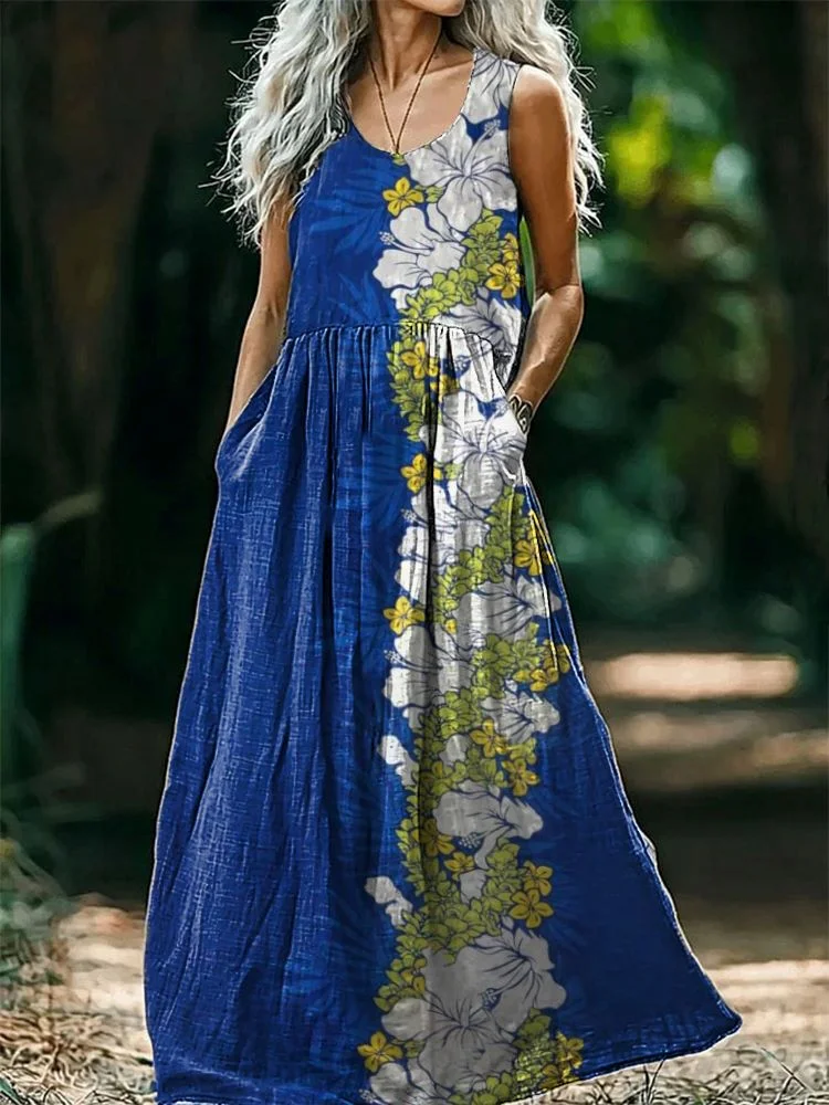 Women's Floral Art Print Round Neck Sleeveless Cotton Pocket Dresses