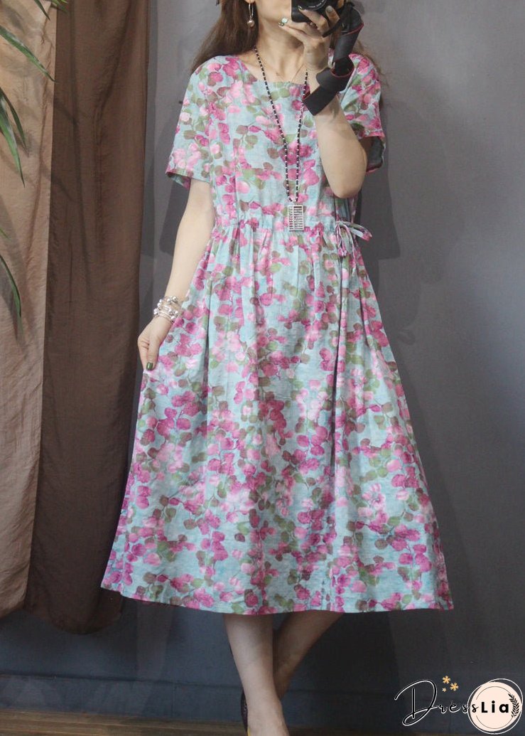 Style Blue O-Neck tie waist Print Linen Dress Short Sleeve