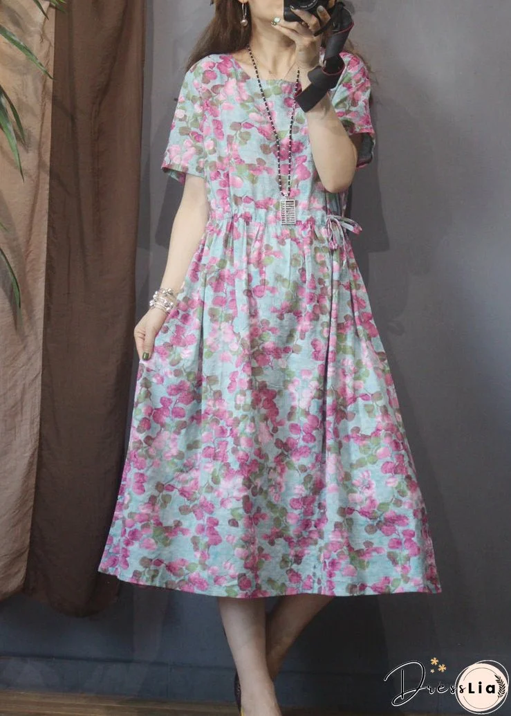 Style Blue O-Neck tie waist Print Linen Dress Short Sleeve