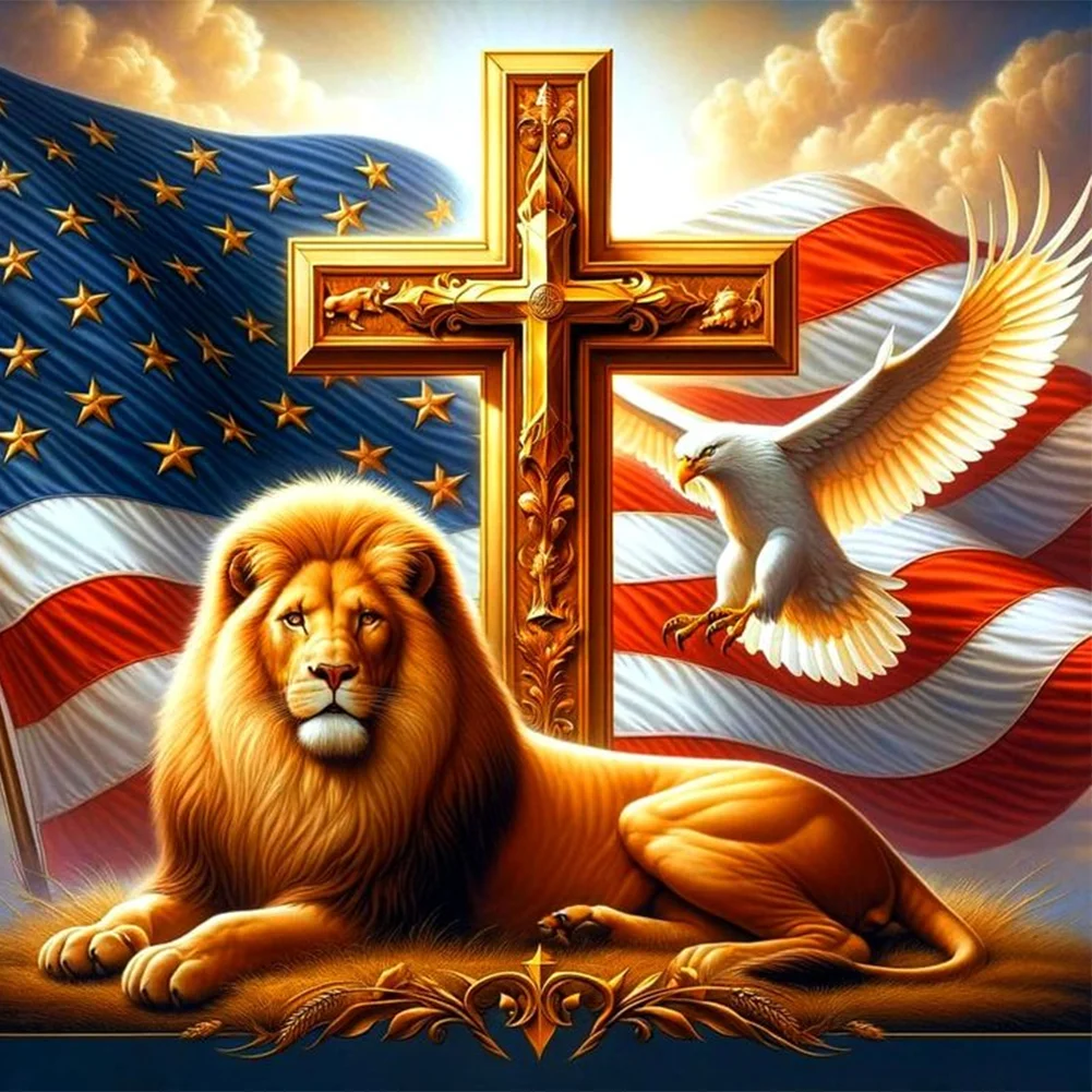 Full Round Diamond Painting - Lion US Flag(Canvas|40*40cm)