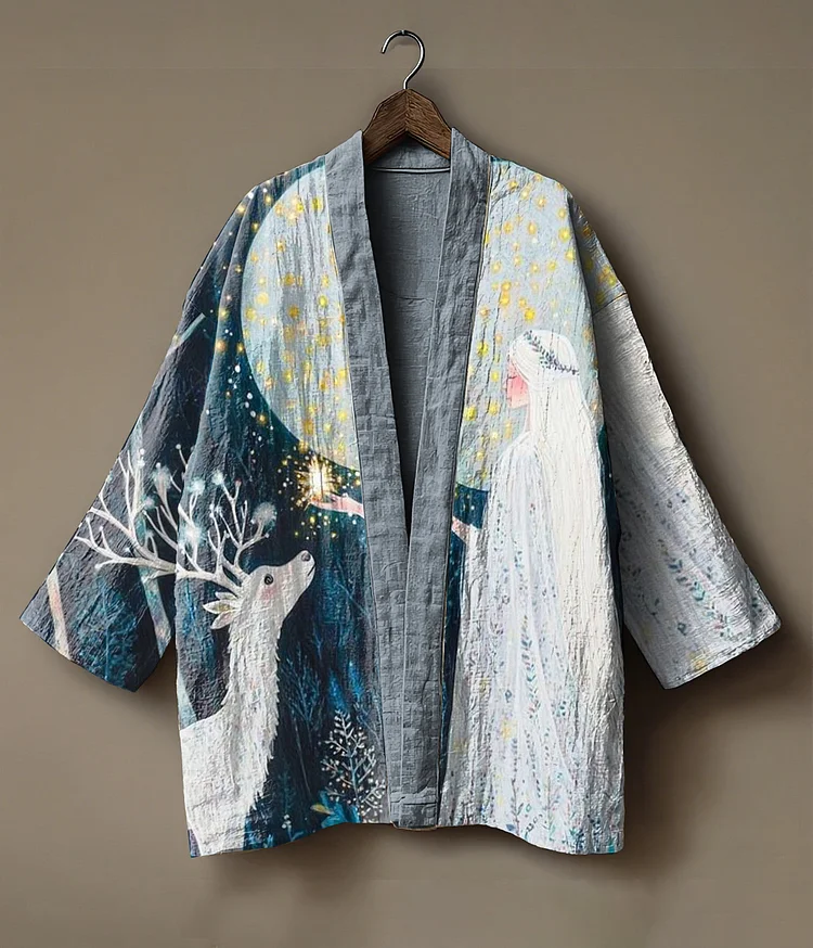 Forest fairy and deer printed linen and fabric cardigan