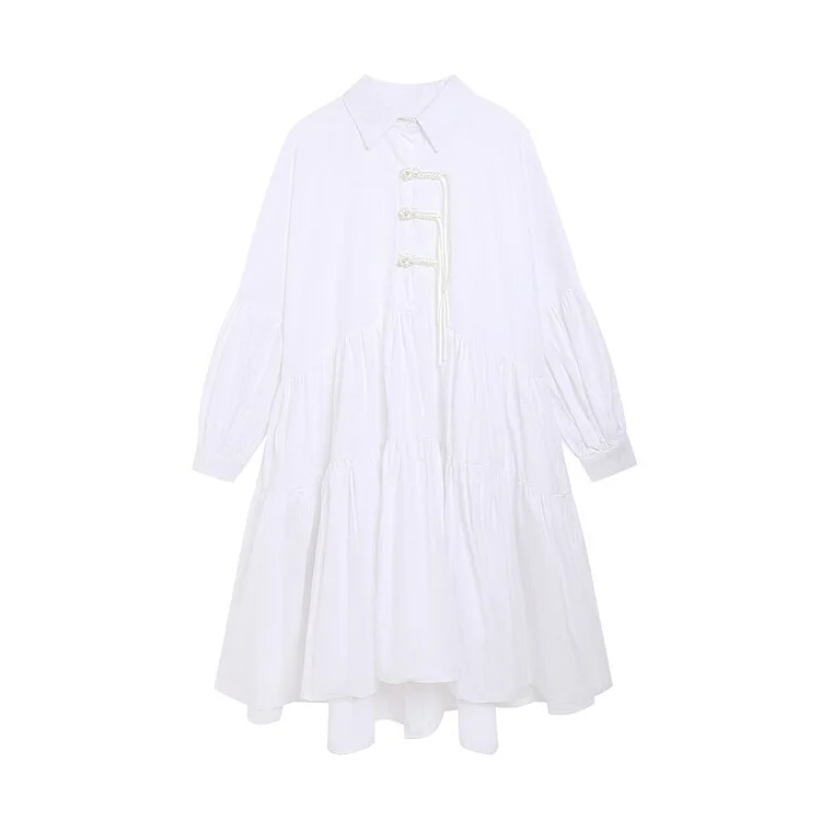 Fashion Loose Solid Color Lapel Splicing Chinese Knot Pleated Patchwork Long Lantern Sleeve Dress