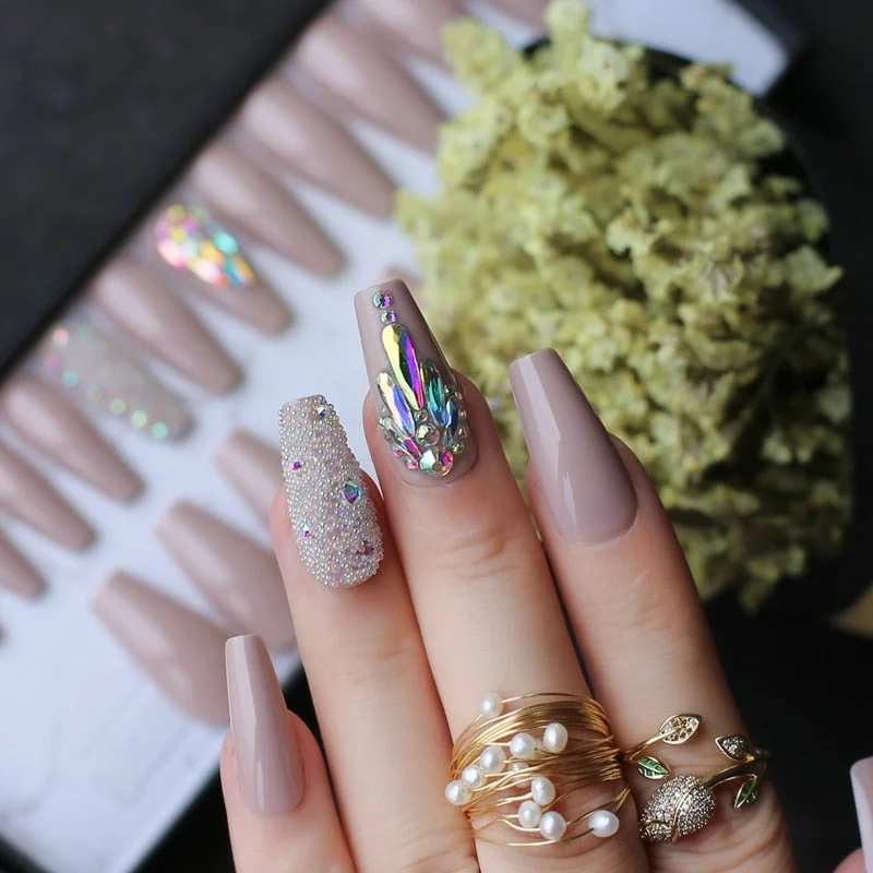 cream glossy coffin Press on nails 3D caviar reusable gel box custom crystal nails bling Microdrill glitter Ballet fasle nails-Nail Inspo