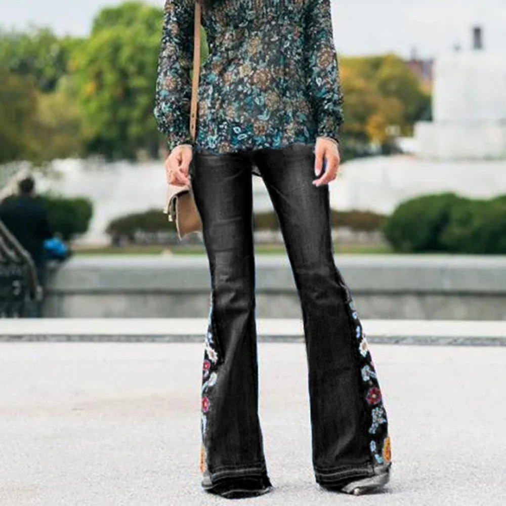 Embroidered Trousers Denim Bell Bottom Pants Ventilation High Street Wide Legged Women Elasticity Breathe Reely nylon wide pants