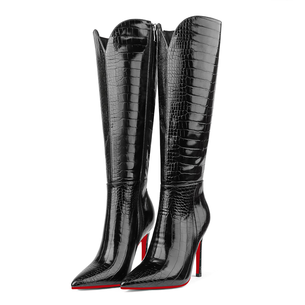 100mm Women's  Knee Boots Croc Leather Red Bottom High Heels Boots-MERUMOTE