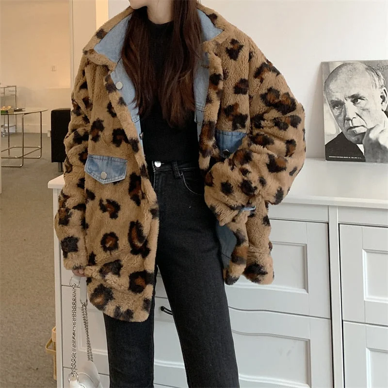 Retro Chic Both Sides Wear Leopard Denim Jacket Women Korean Winter Clothes Thickening Girl Wearing Rabbit Fur Temperament Coat