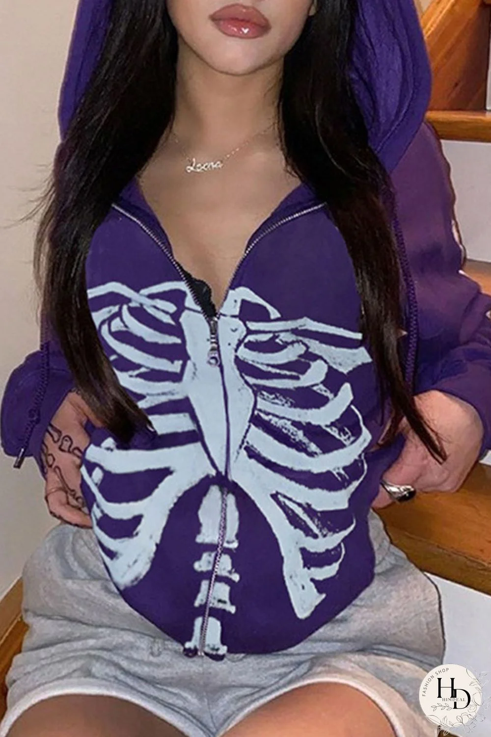 Red Street Print Split Joint Zipper Hooded Collar Outerwear