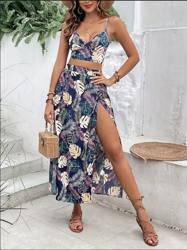 Women’s Sleeveless V-Neck Printed High-Slit Dress – Sexy Half-Skirt Summer Set