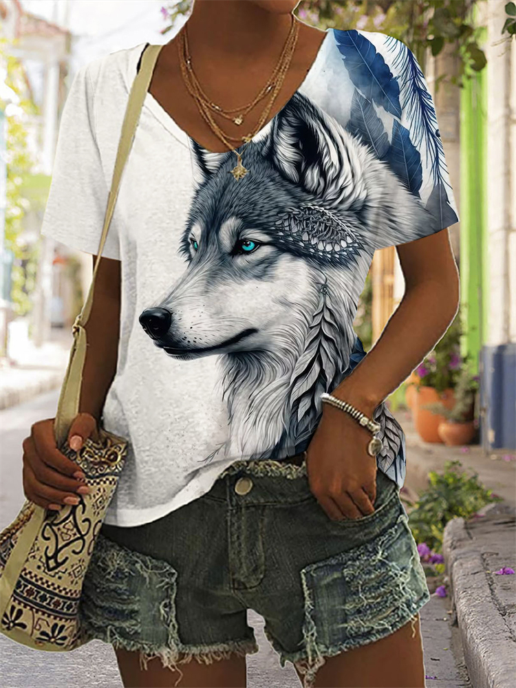  Western Ethnic Wolf Art V Neck Short Sleeve T Shirt Westsshops