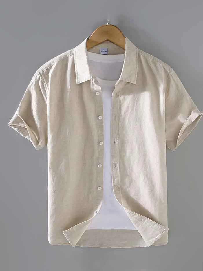 Men's Plain Short Sleeve Casual Cotton And Linen Shirt