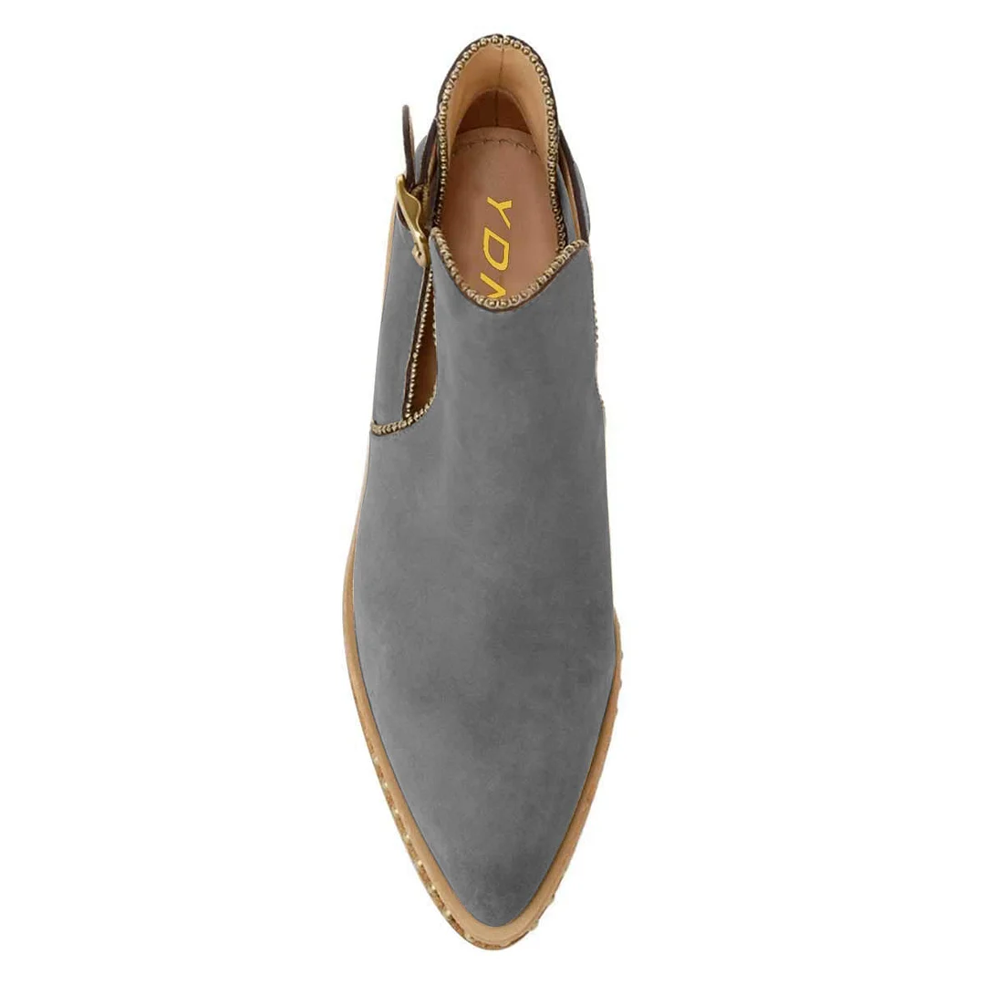 Grey Vegan Suede Studded Stacked Heeled Booties with Buckle Strap