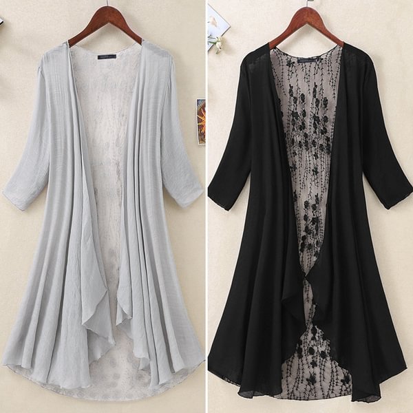 Women Summer 3/4 Sleeve Floral Lace Holiday Asymmetric Long Cardigan Kimono Plus Size Coats - BlackFridayBuys