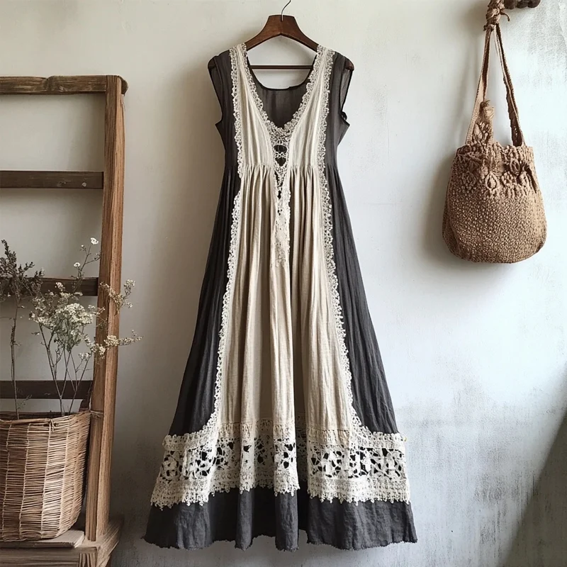 Vintage Lace Patchwork Sleeveless Linen Dress