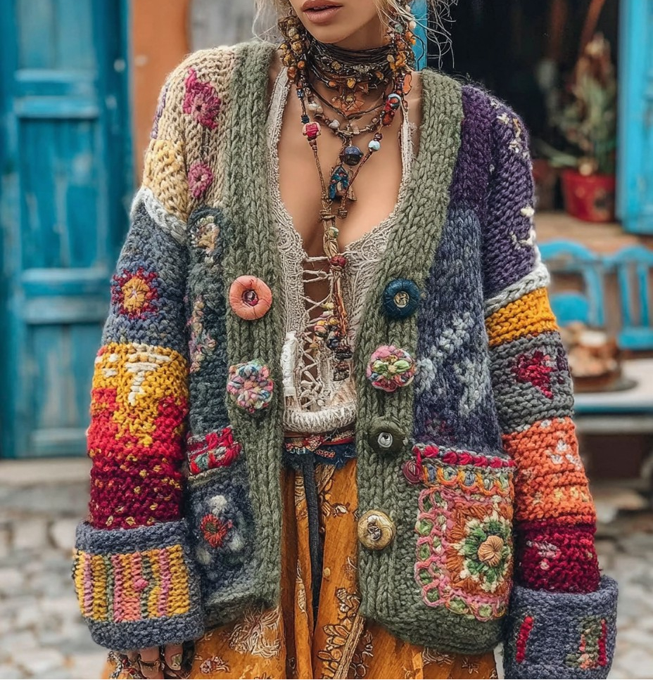 Women's Colorful charm pattern knitted medium and long cardigan