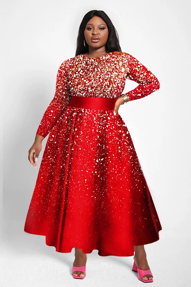 Xpluswear Design Plus Size Festival Dress Red Glitter Print Long Sleeve Midi Dress [Pre-Order]