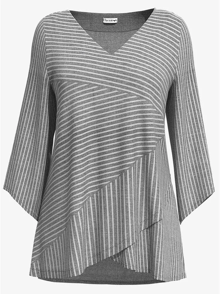 Women Asymmetrical Long Sleeve V-neck Striped Graphic Top