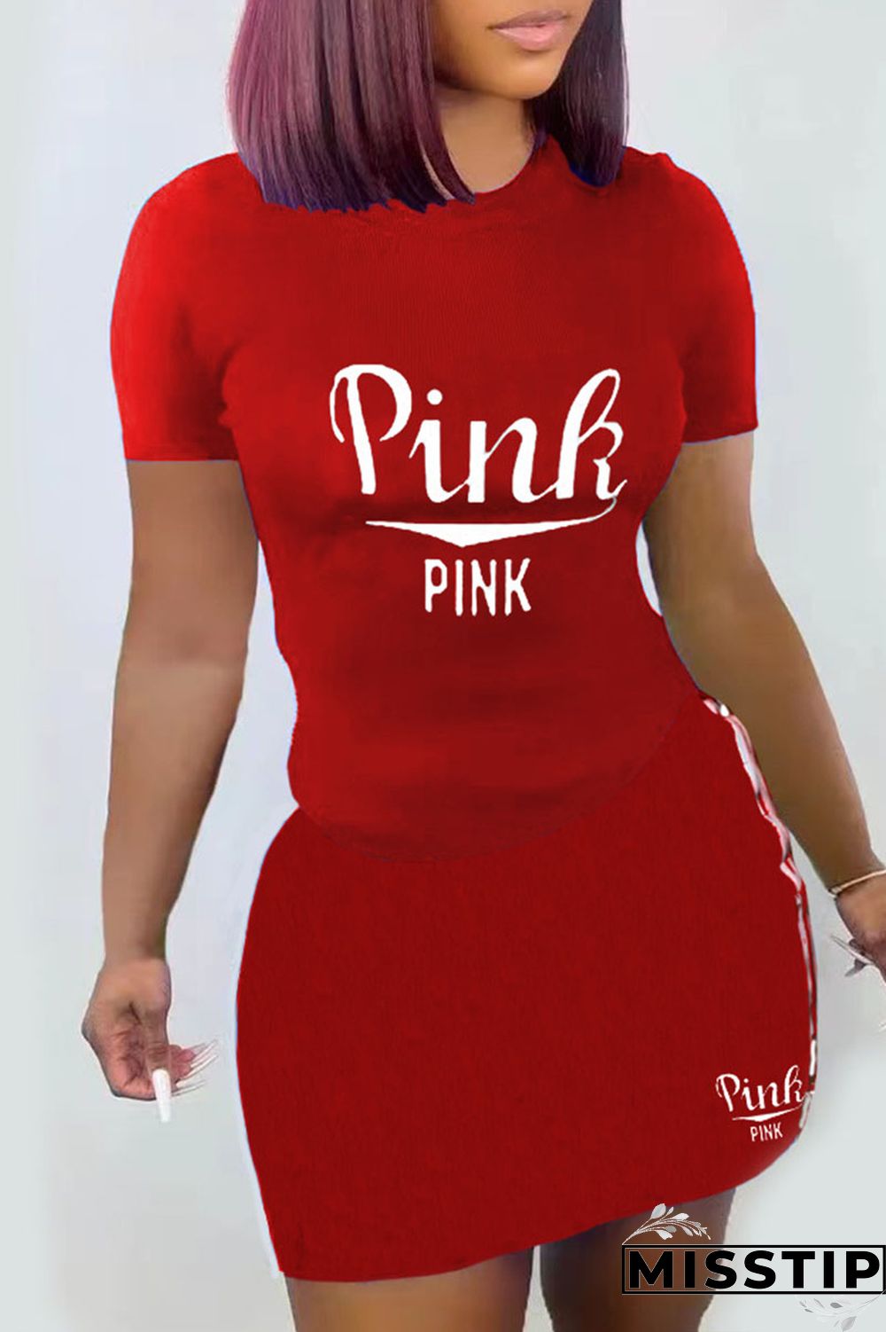 Black Fashion Casual Letter Print Patchwork O Neck Short Sleeve Two Pieces