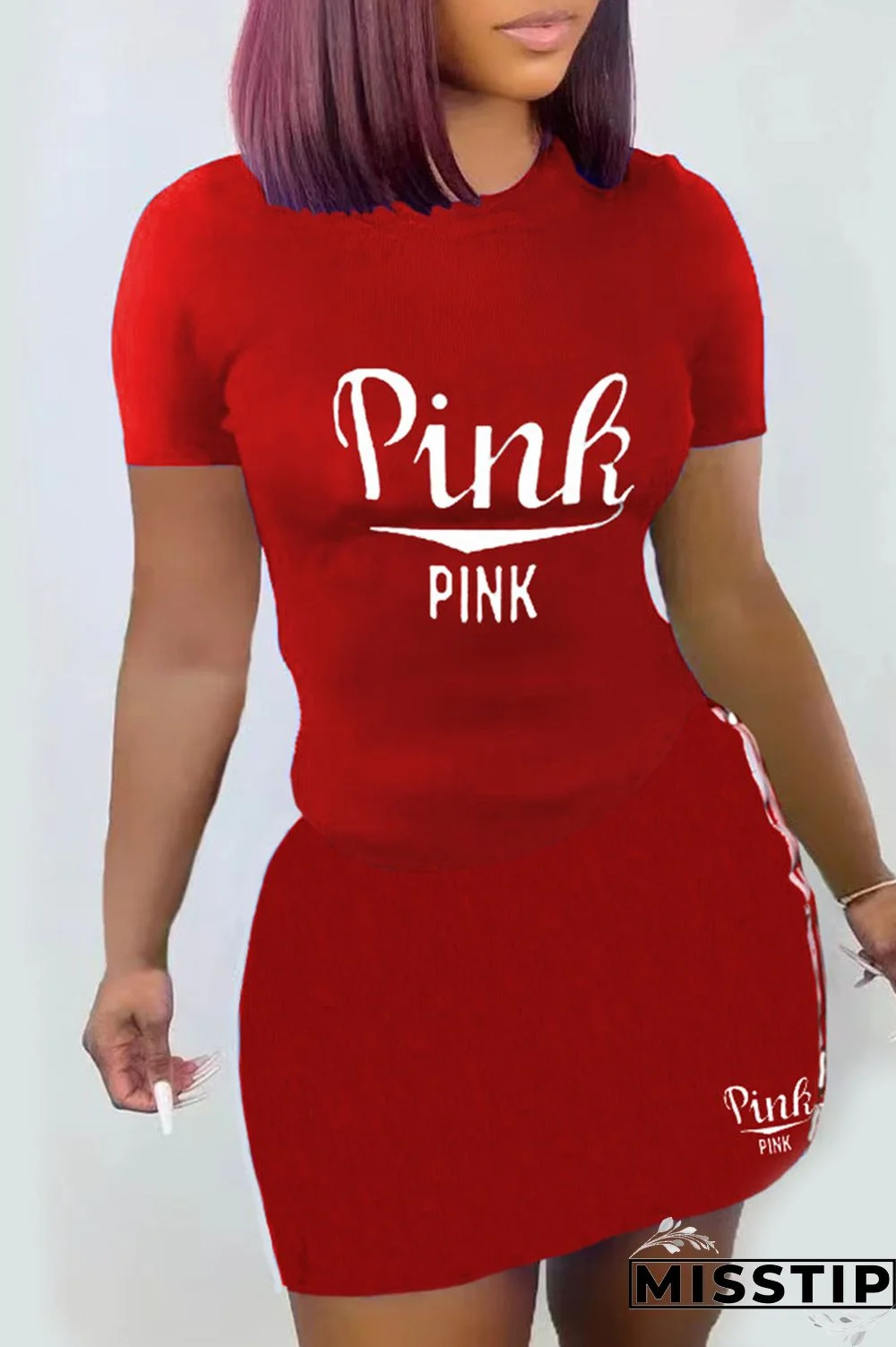 Black Fashion Casual Letter Print Patchwork O Neck Short Sleeve Two Pieces