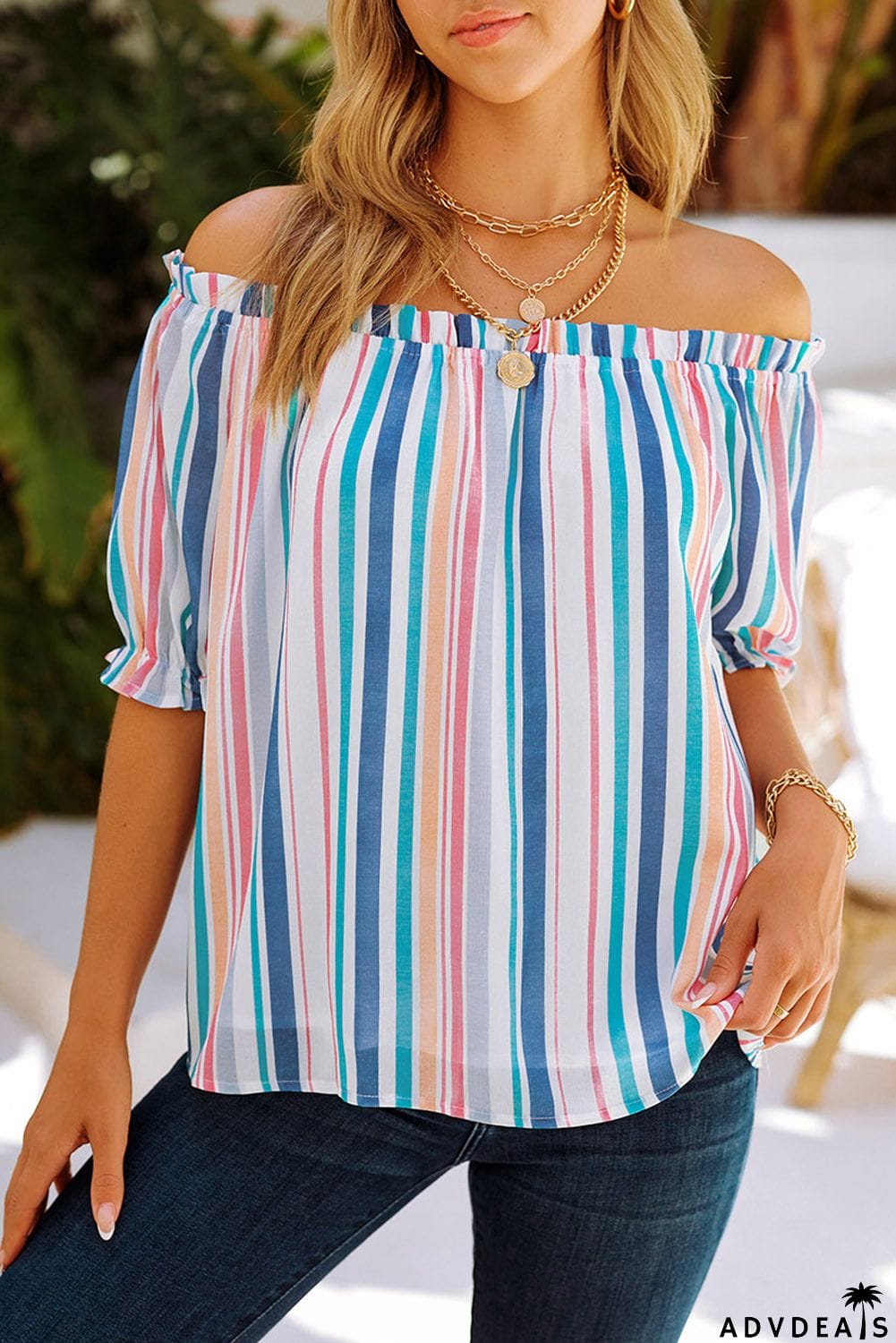 Stripe Off The Shoulder Rainbow Striped Top