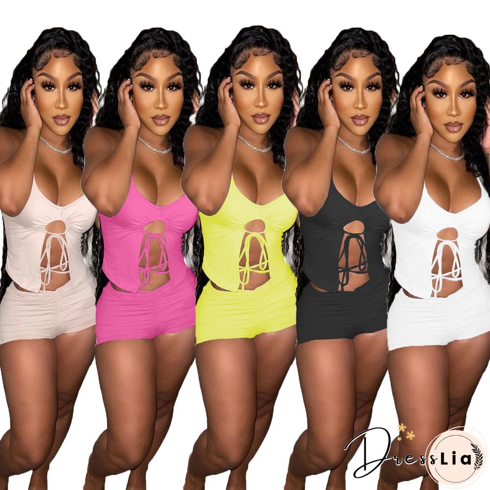 Summer Women Sexy Solid Color Irregular Hollow Out Sleeveless Halter Top Skinny Shorts Two Piece Suit
