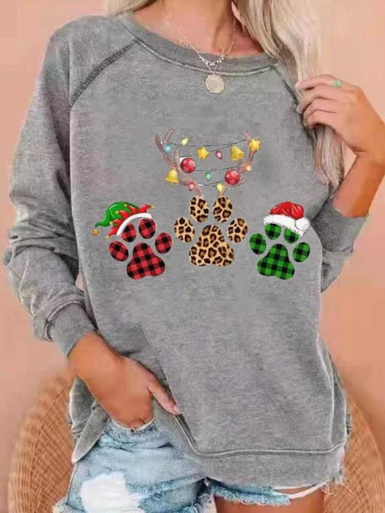 Women's Christmas Cat Paw Print Long Sleeve Round Neck Sweatshirt