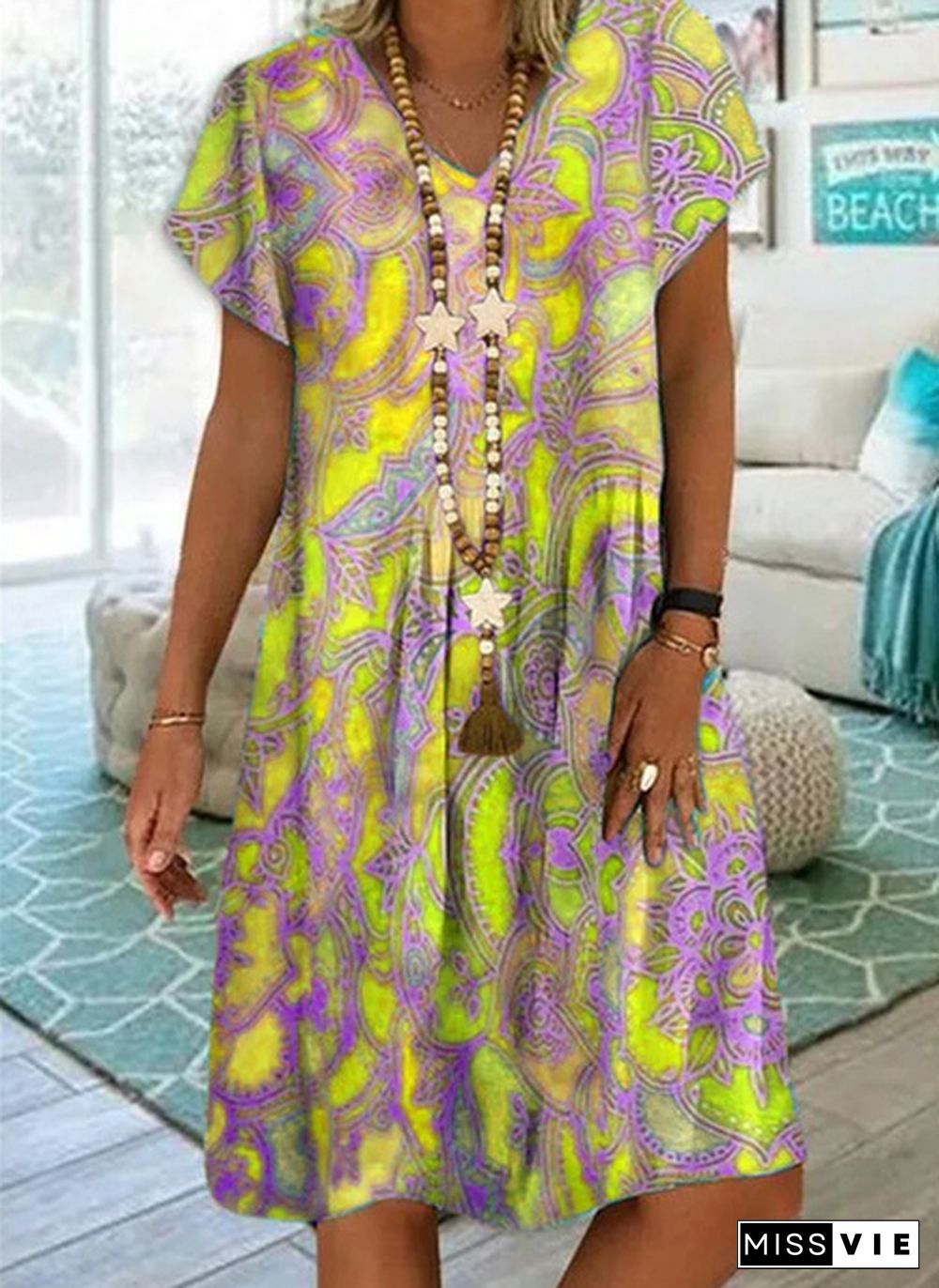 summer new fashion women's vintage printed v-neck short sleeve casual dress loose summer soft and thin plus size dress XS-5XL