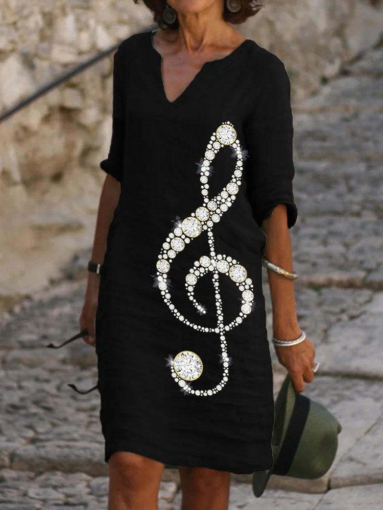 Elegant Glitter Treble Clef Notch Neck Midi Dress