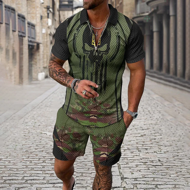 Broswear Men's Skull Camouflage Gradient Print Sleeve Polo Shirt And Shorts Co-Ord