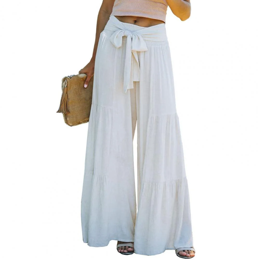 Casual Woman Pants Lace-up High Waist Elastic Waistband Pants Pleated Stitching Straight Wide Leg Long Trousers Female Clothing