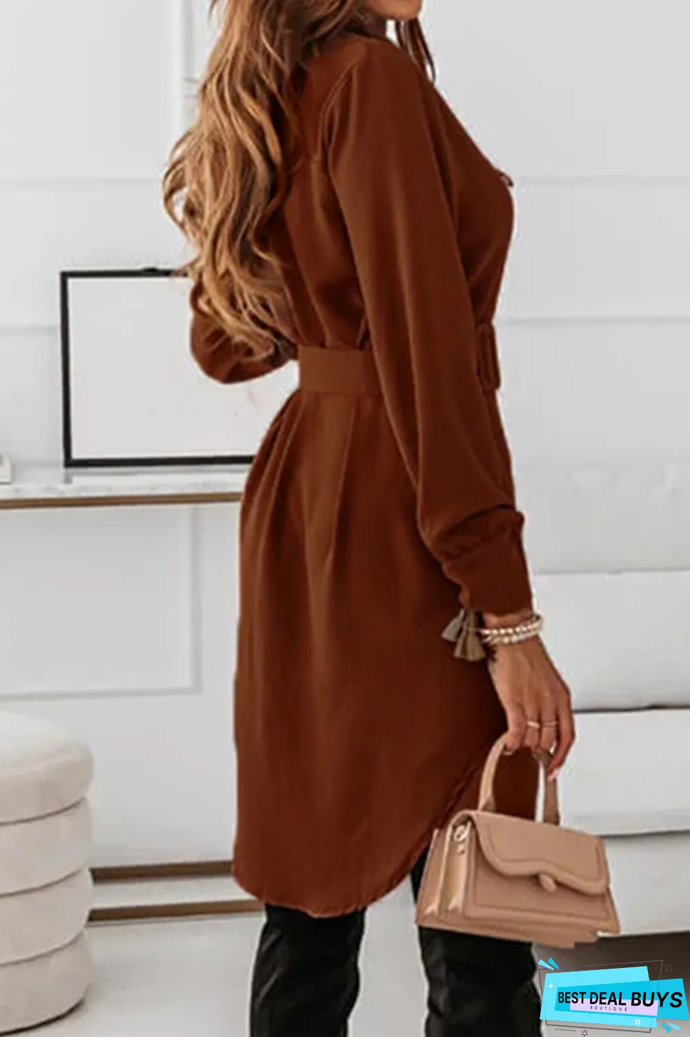 Casual Elegant Solid Buckle With Belt Turndown Collar Shirt Dress Dresses