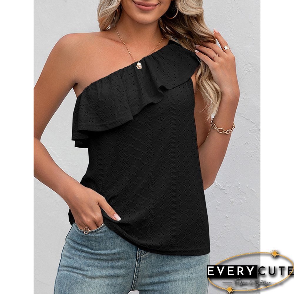 Black Ruffled One Shoulder Tank Tops