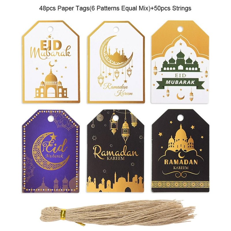 48Pcs Eid Mubarak Paper Label Gift Tag Ramadan Islam Muslim Festival Party Decoration Gift Bag Boxes Hang Decor Eid Al Adha