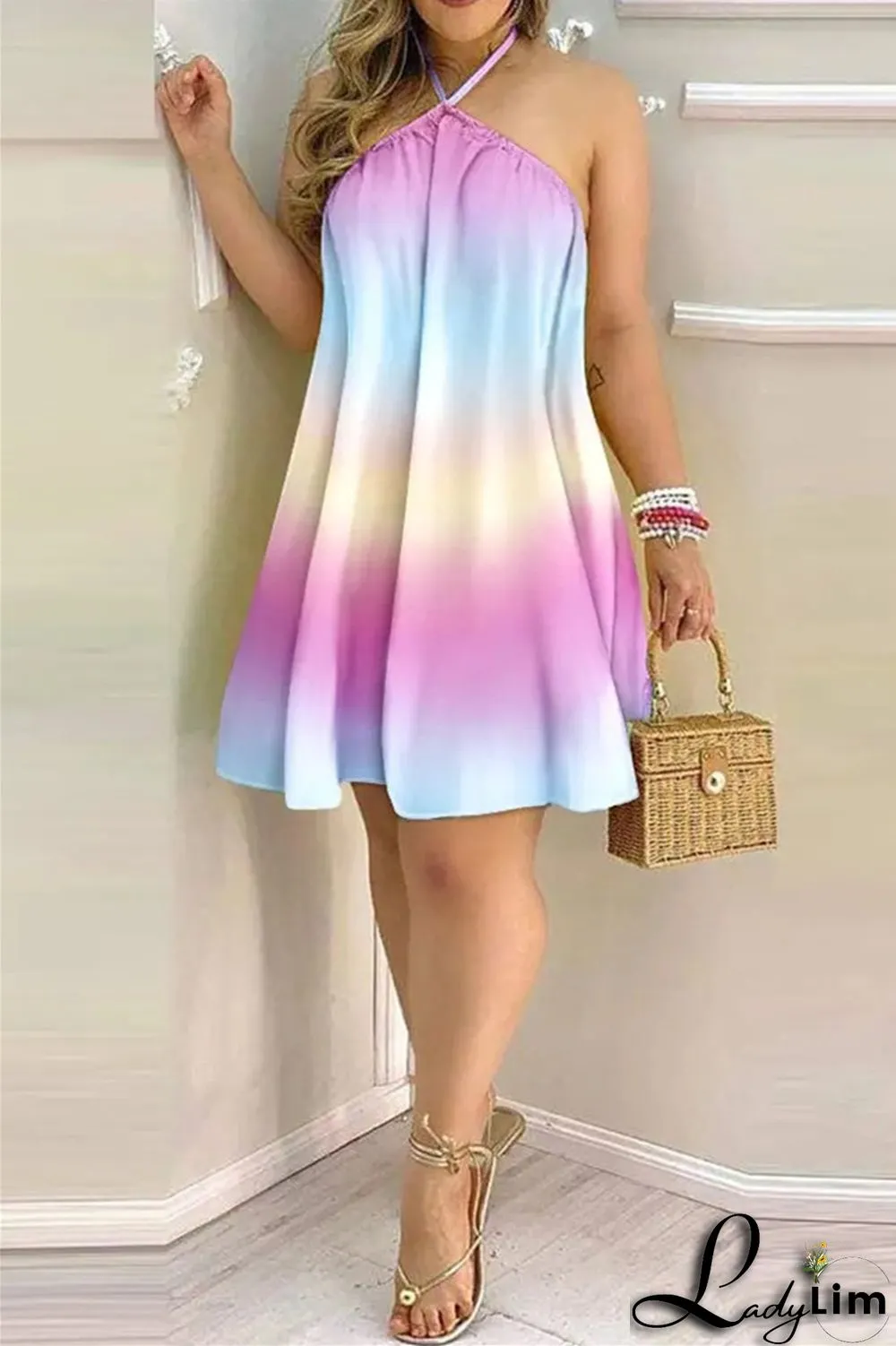Blue Fashion Casual Print Bandage Backless Halter Sleeveless Dress Dresses