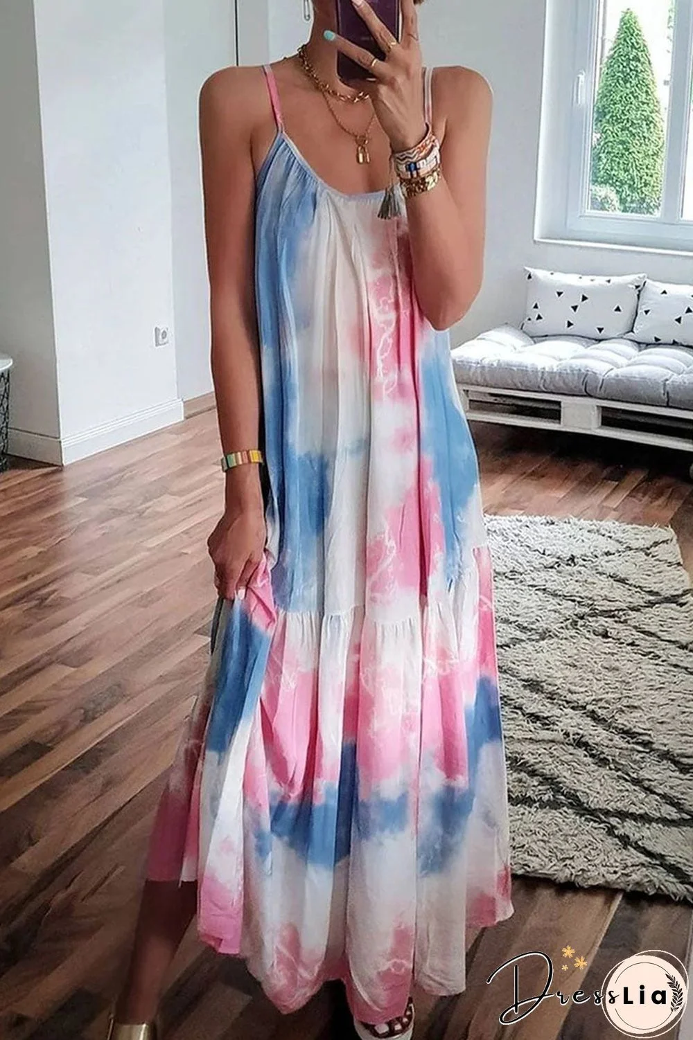 Fashion Street Tie Dye Spaghetti Strap Pleated Dresses