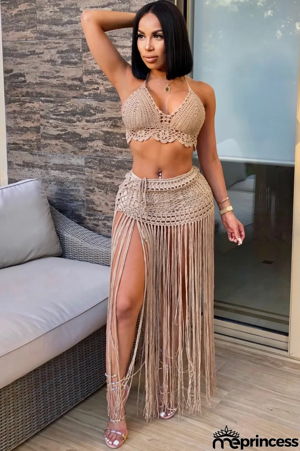 Summer Khaki Crochet Halter Crop Top and Fringe Skirt 2pc Cover-Up