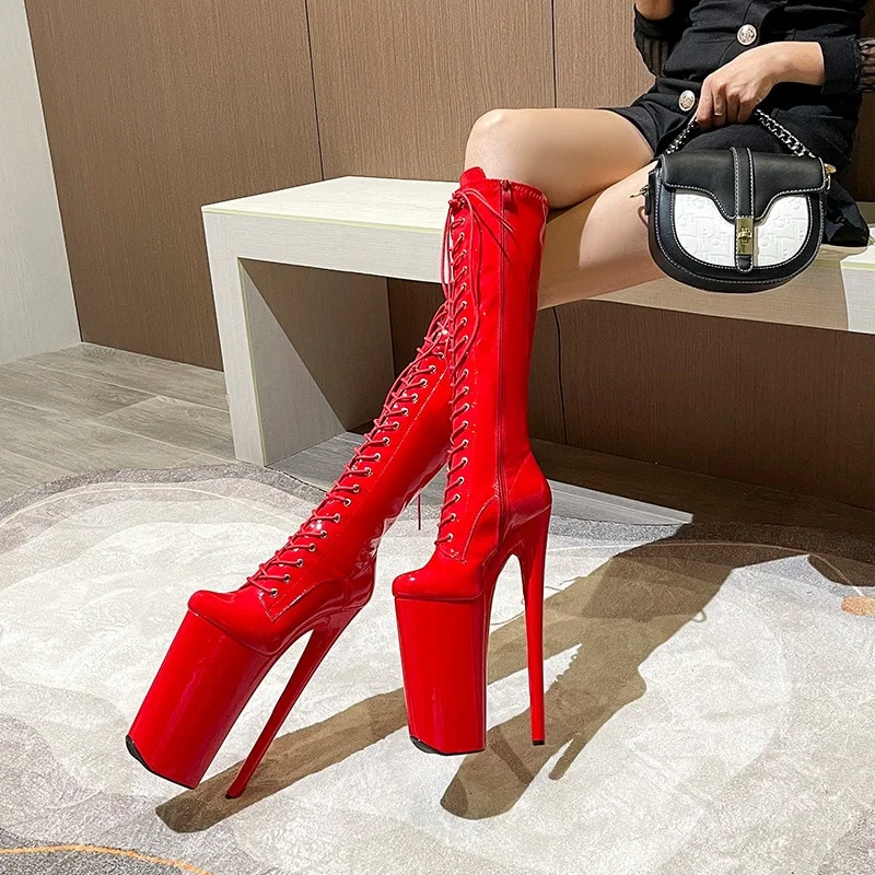 Qengg 26CM Platform Long Tube Knee-High Leather Women Boots Super High Heels Solid Color Model Stage Show Zipper Lace-up Women Shoes