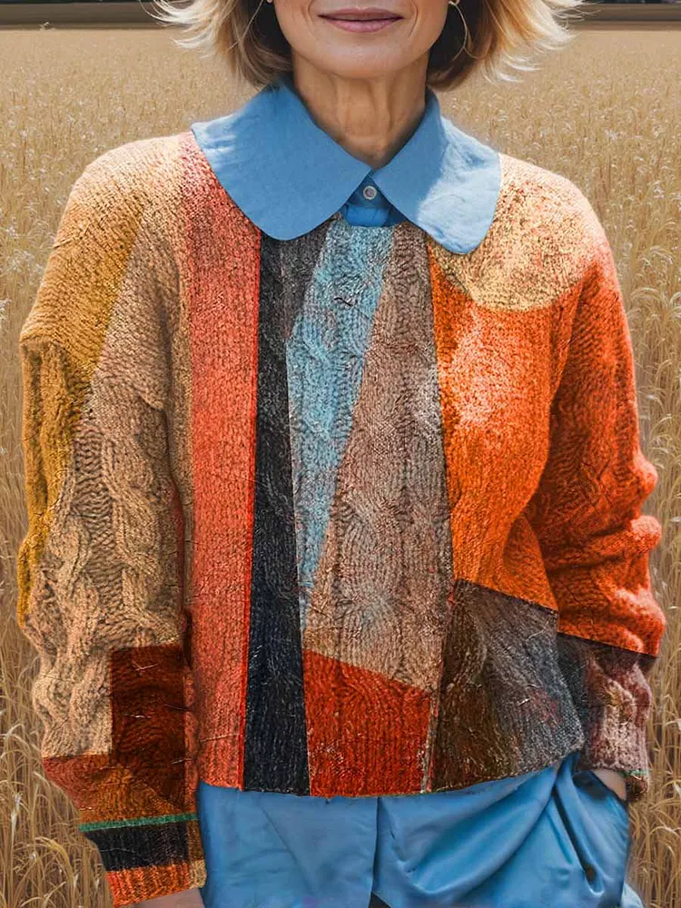 Women's Crew Neck Long Sleeve Abstract Print Sweater