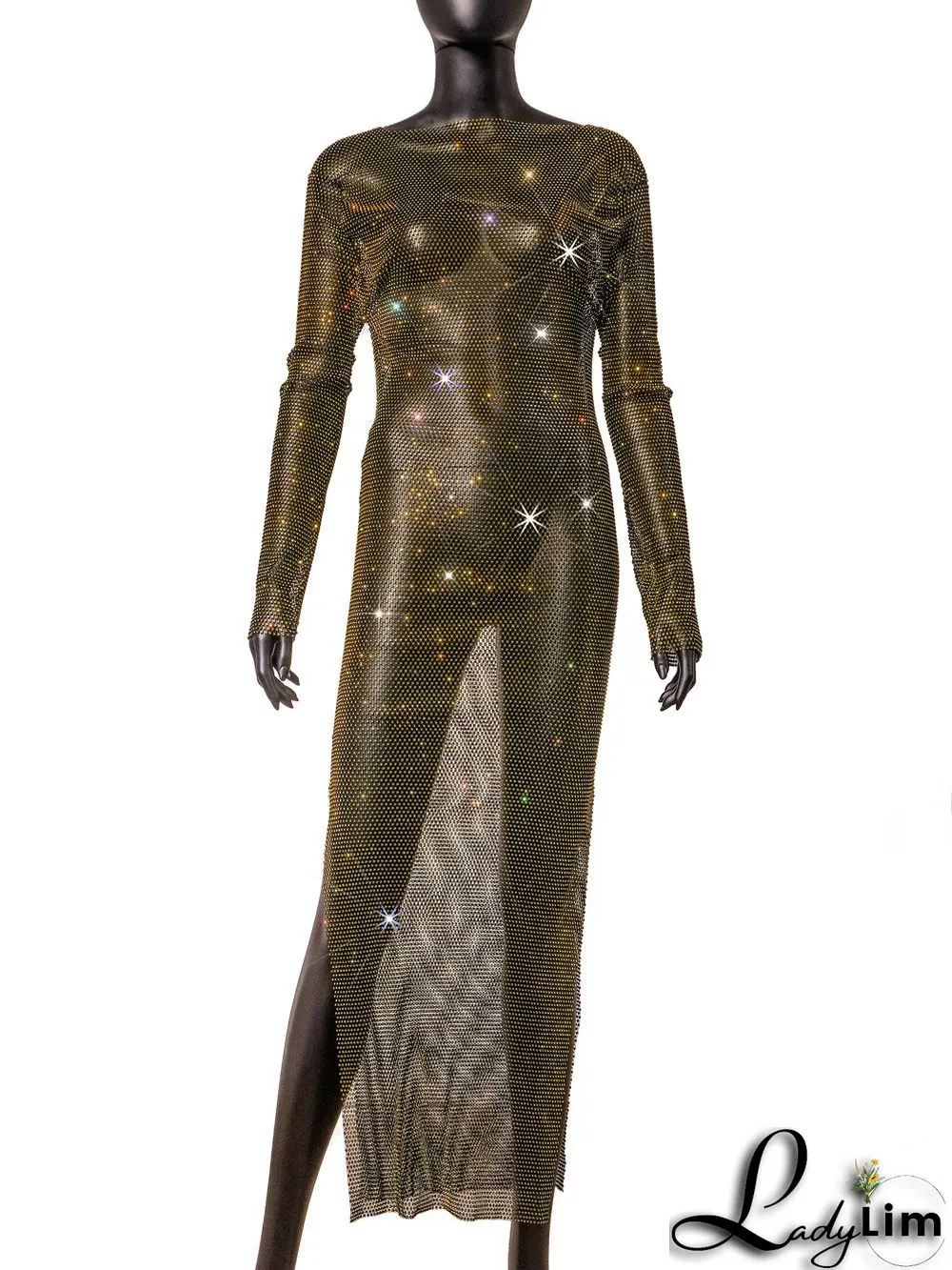 Women's Side Slit Party Night Round Neck Long Sleeve Sparkly Beaded Maxi Dress