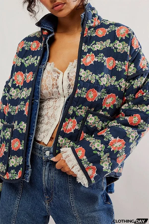 Floral Print Pocket Contrast Concealed Button Cotton Coat